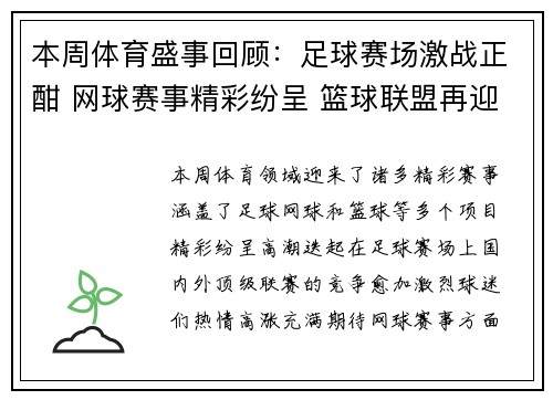 本周体育盛事回顾：足球赛场激战正酣 网球赛事精彩纷呈 篮球联盟再迎新突破