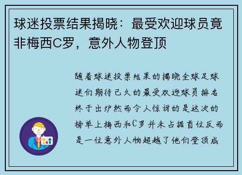 球迷投票结果揭晓：最受欢迎球员竟非梅西C罗，意外人物登顶
